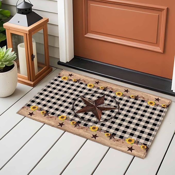Area Rug 2x3ft, Western Star Farm Sunflower Washable Rugs for Living Room Bedroom, Vintage Wood Grain Black Buffalo Plaid Soft Non-Slip Area Rugs Rectangle Floor Carpet for Dining Room