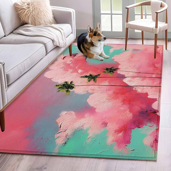 Area Rug 4x6ft, Summer Dreamy Pink Cloud Washable Rugs for Living Room Bedroom, Watercolor Tropical Palm Tree Soft Non-Slip Area Rugs Rectangle Floor Carpet for Dining Room