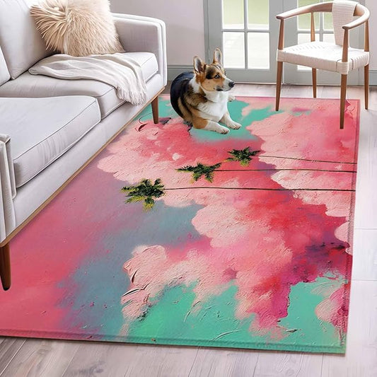 Area Rug 4x6ft, Summer Dreamy Pink Cloud Washable Rugs for Living Room Bedroom, Watercolor Tropical Palm Tree Soft Non-Slip Area Rugs Rectangle Floor Carpet for Dining Room