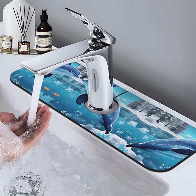 Winter the Dolphin Printed Faucet Absorbent mat, Suitable for bathrooms, Kitchens, and Other Sink Areas.