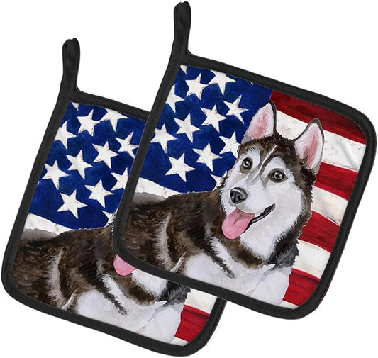 Caroline's Treasures BB9712PTHD Siberian Husky #2 Patriotic Pair of Pot Holders Kitchen Heat Resistant Pot Holders Sets Oven Hot Pads for Cooking Baking BBQ, 7 1/2 x 7 1/2