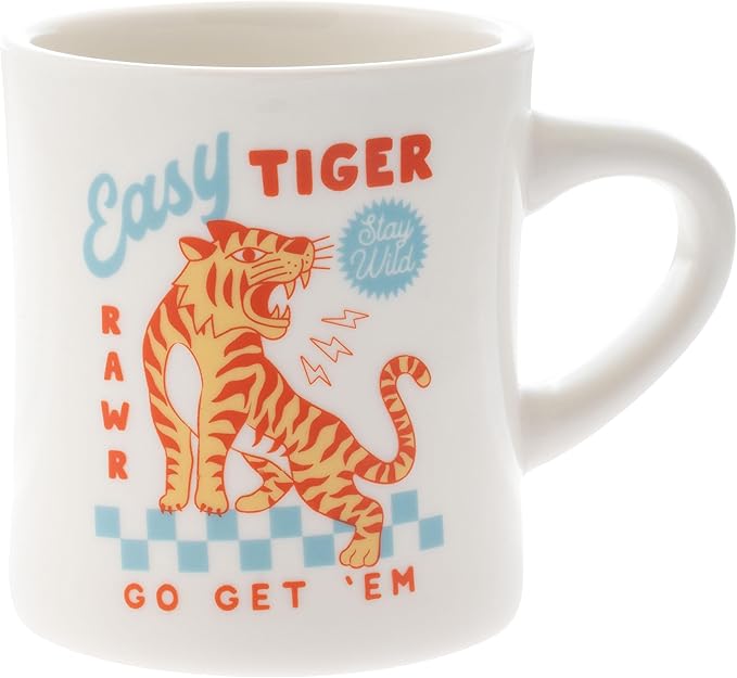 Karma 12 oz New Bone China Coffee Cup - Dishwasher Mirowave Safe - Cute Retro Design Giftable Mug for Women and Men, Tiger