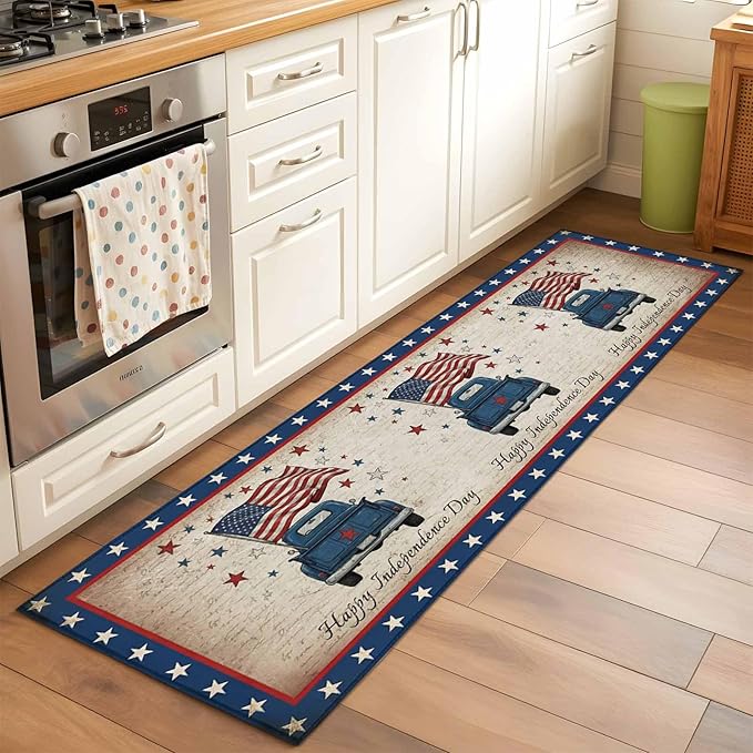 Runner Rug for Bedroom Hallway, Happy Independence Day USA Flag Kitchen Runner Rugs Area Rug 2x6ft, Retro Blue Truck Washable Soft Floor Carpet for Entryway Stair