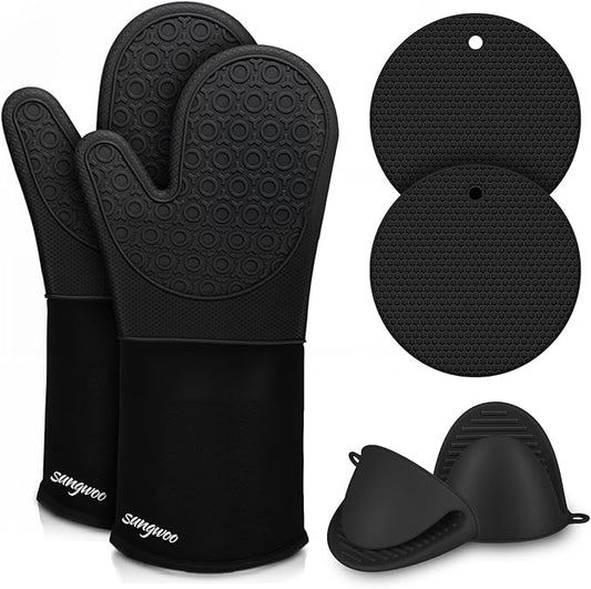 sungwoo 6pcs Silicone Oven Mitts and Pot Holders Sets, 14.6 Inch Heat Resistant Oven Gloves with Quilted Liner Non-Slip Textured Grip Perfect for BBQ, Baking, Cooking and Grilling Black