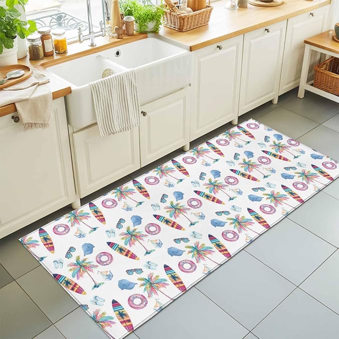 Runner Rug for Bedroom Hallway, Summer Surfboard Coconut Tree Kitchen Runner Rugs Area Rug 2x6ft, Tropical Seamless Pattern Washable Soft Floor Carpet for Entryway Stair