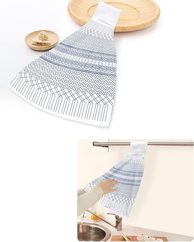 Alandar Home Kitchen Tie Towel Set of 1, Modern Geometric Stripe Art Absorbent Soft Hand Towels for Bathroom Hanging Towels, Minimalist Blue Ombre on White Fast Drying Cleaning Cloth with Loop