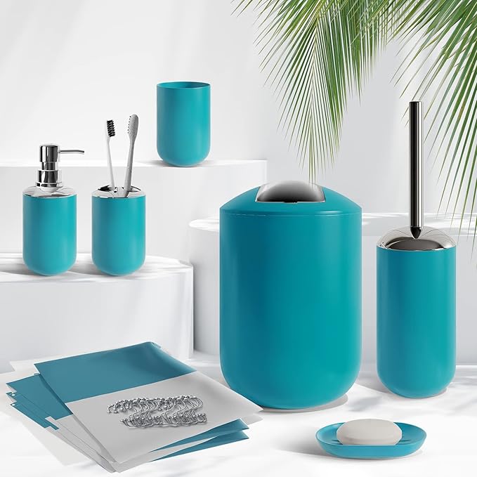 Clara Clark Bathroom Set - Teal Bathroom Accessories Set, 20PC Bathroom Accessory Set, Shower Curtain Set with Liner, Toothbrush Holder, Soap Dispenser, Soap Dish, Toilet Brush Holder, and Trash Can