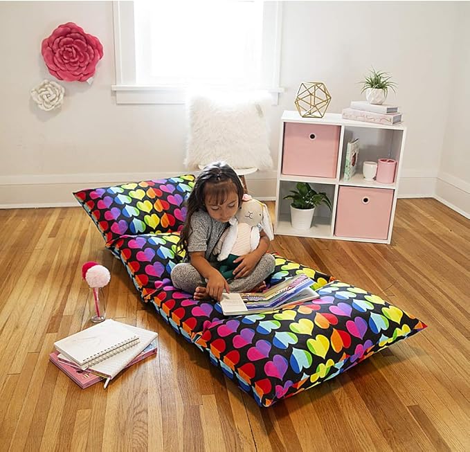 Wildkin Kids Pillowcase Lounger Cover – Travel-Friendly Sleepover Lounger, Fits Standard Pillows (Pillows Not Included), Soft Cotton Blend, Fun Patterns for Boys & Girls - Rainbow Hearts