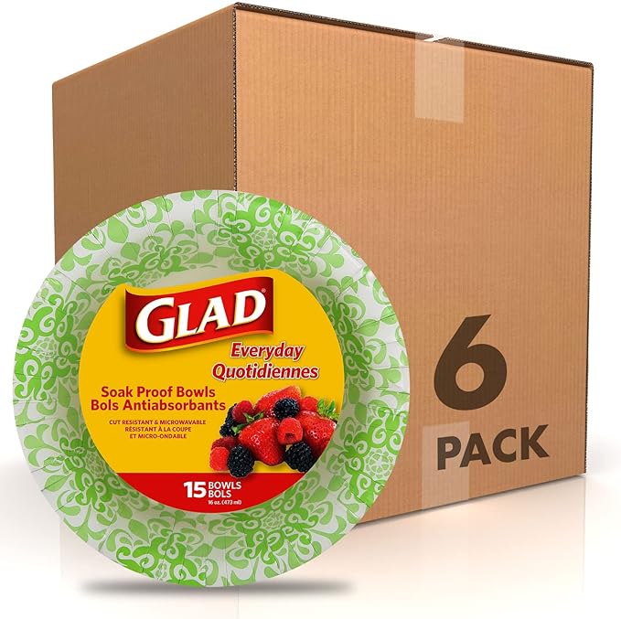 Glad Round Disposable Paper Bowls, Green Victorian Design - Heavy Duty, Soak-Proof, Cut-Resistant, Microwavable Paper Bowls for All Foods and Daily Use, 16 oz, 15 Count - 6 Pack