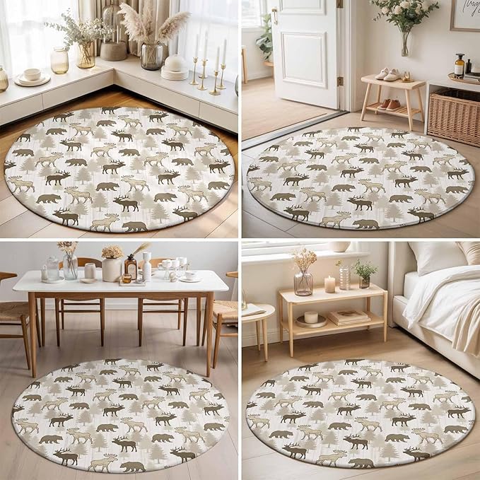 Washable Round Area Rug Animal Moose Bears Circle Rugs Floor Carpet for Living Room Bedroom, Retro Rustic Pine Trees Soft Non Slip Round Rug 3ft