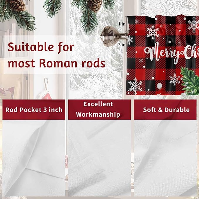 Christmas Tree Snowman Swag Valance Curains Winter Snowflakes Red Buffalo Plaid Rod Pocket Kitchen Curtains Scalloped Window Treatment Valances Swag for Living Room Bedroom, 1 Pair, 36"W x 45"L