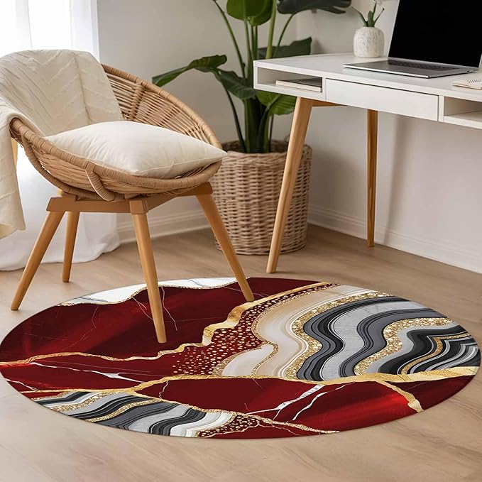 Washable Round Area Rug Abstract Flowing Marble Fluid Art Circle Rugs Floor Carpet for Living Room Bedroom, Red and Gold Lines Soft Non Slip Round Rug 3ft