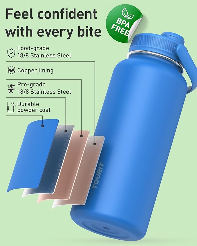 TOURIT 24 oz Insulated Water Bottle, Stainless Steel Sports Water Bottles With Top Handle, Double-Wall Travel Thermal Water Flask, BPA Free Leakproof Water Bottle for Sports and Travel, Black