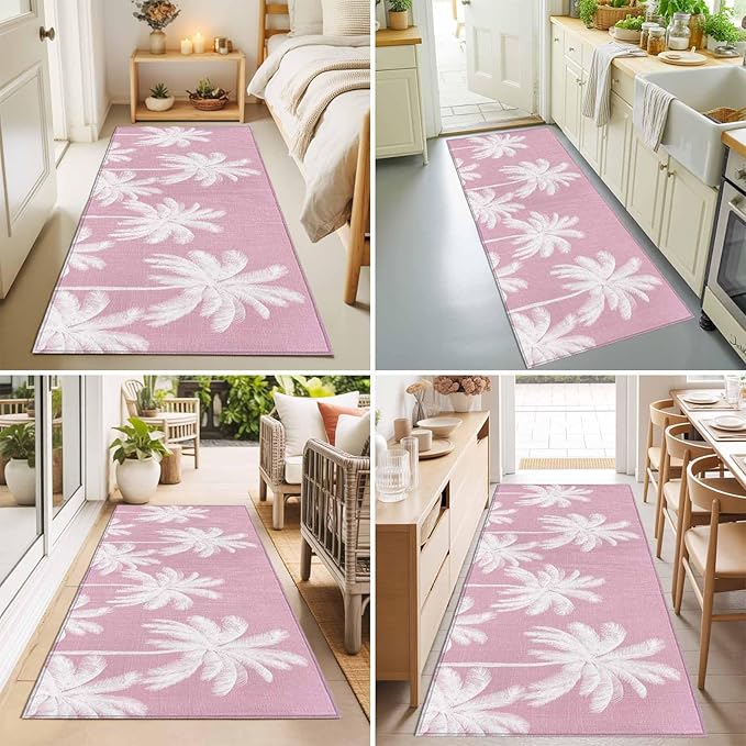 Runner Rug for Bedroom Hallway, Boho Pink Palm Trees Vintage Kitchen Runner Rugs Area Rug 2x6ft, Summer Tropical Leaves Washable Soft Floor Carpet for Entryway Stair