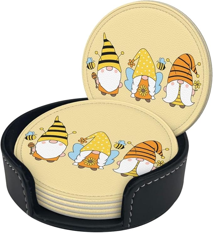 Famame 6 Pcs Happy Bee Gnome Sunflower Leather Coasters for Drinks with Holder Coaster Sets Drink Table Cup Coasters for Living Room Kitchen Coffee Decor