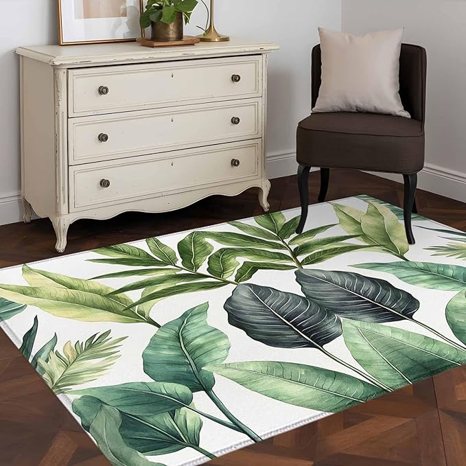 Area Rug 4x6ft, Summer Green Tropical Palm Leaves Washable Rugs for Living Room Bedroom, Watercolor Plant Soft Non-Slip Area Rugs Rectangle Floor Carpet for Dining Room