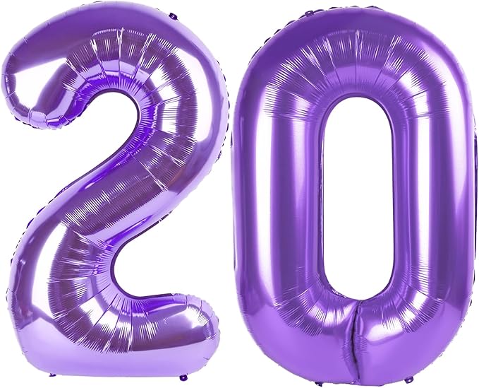 20 Number Balloons, Purple Big Number Balloons for Women Men, 40 Inch Digital Balloon for Happy Birthday Decoration Supplies, Anniversaries Graduation
