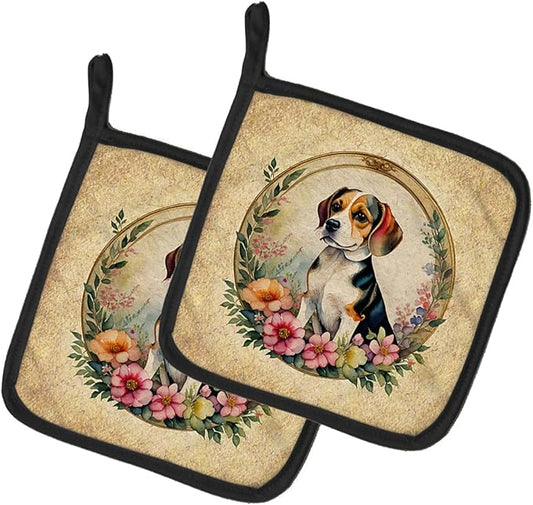 Caroline's Treasures Beagle and Flowers Pair of Pot Holders Kitchen Heat Resistant Pot Holders Sets Oven Hot Pads for Cooking Baking BBQ, 7 1/2 x 7 1/2