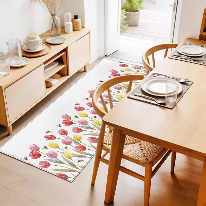 Runner Rug for Bedroom Hallway, Red Pink Yellow Tulips Bees Kitchen Runner Rugs Area Rug 2x6ft, Watercolor Flower Leaves Washable Soft Floor Carpet for Entryway Stair