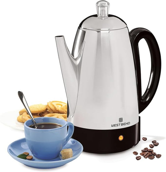 West Bend Electric Percolator Classic Style Coffee Maker with Heat Resistant Handle Base and Detachable Cord with Stainless Steel Stem and Basket, 12-Cup, Silver
