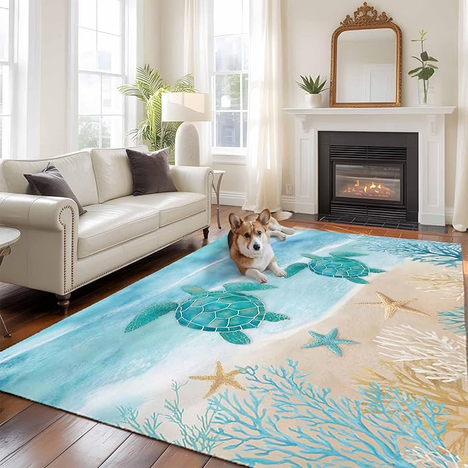 Area Rug 6x9ft, Sea Turtle Starfish Coral Washable Rugs for Living Room Bedroom, Summer Seaside Ocean Life Soft Non-Slip Area Rugs Rectangle Floor Carpet for Dining Room