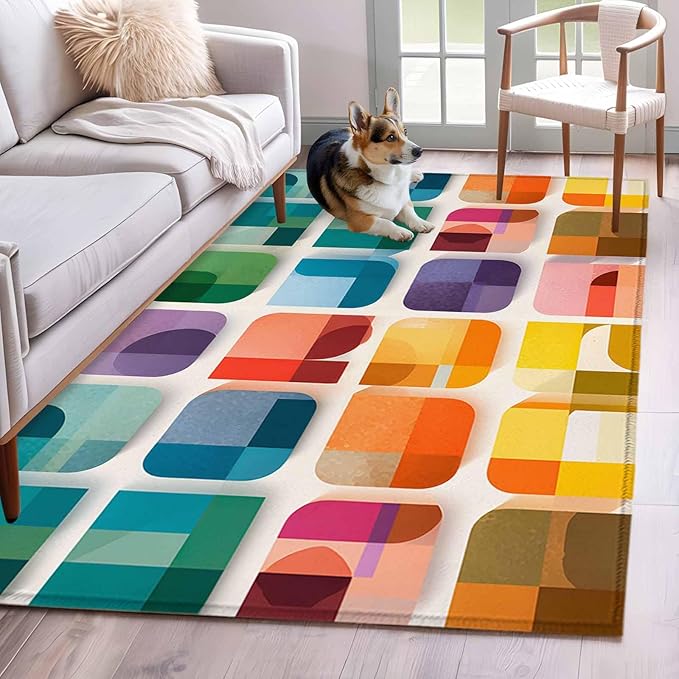 Area Rug 4x6ft, Modern Geometric Squares Washable Rugs for Living Room Bedroom, Colorful Abstract Art Soft Non-Slip Area Rugs Rectangle Floor Carpet for Dining Room