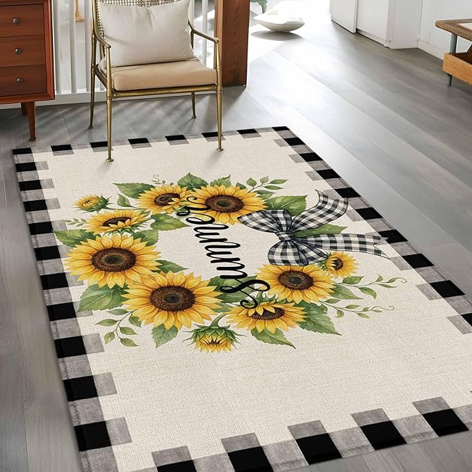 Area Rug 4x6ft, Summer Words Farm Sunflowers Washable Rugs for Living Room Bedroom, Butterflies Country Floral Soft Non-Slip Area Rugs Rectangle Floor Carpet for Dining Room