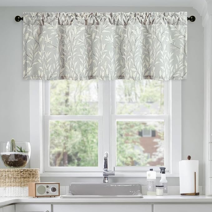 Leeva Grey Valances for Windows, Linen Textured Light Filtering Small Window Kitchen Curtain, Leaves Printing Rod Pocket Cafe Valance for Bedroom Living Room, 60" W x 18" L, 1 Piece