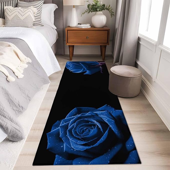 Runner Rug for Bedroom Hallway, Abstract Garden Blue Rose Kitchen Runner Rugs Area Rug 2x6ft, Classic Country Floral Washable Soft Floor Carpet for Entryway Stair