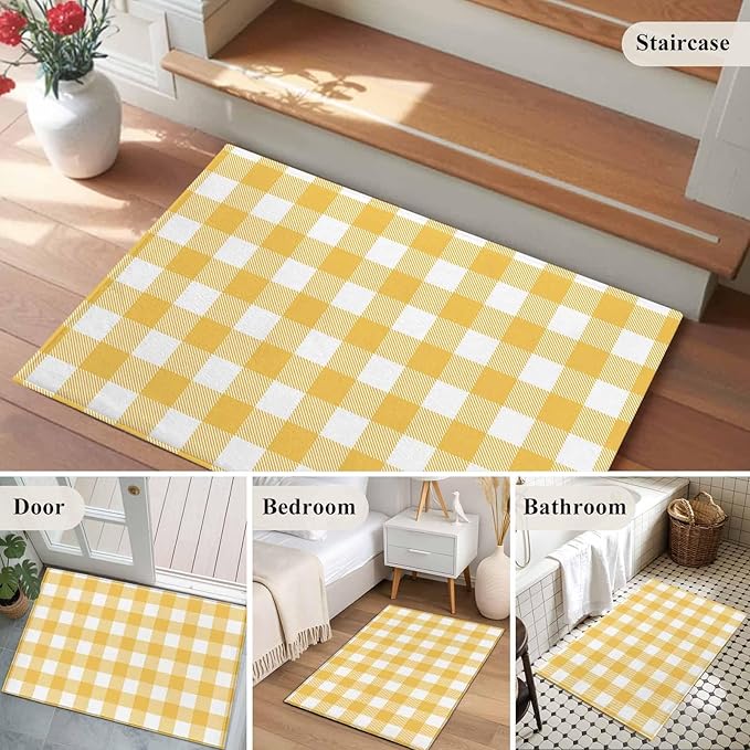 Area Rug 2x3ft, Rustic Country Yellow and White Buffalo Lattice Checked Washable Rugs for Living Room Bedroom, Farm Style Soft Non-Slip Area Rugs Rectangle Floor Carpet for Dining Room