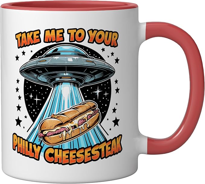 Take Me to Your Philly Cheesesteak UFO Philly Cheesesteak Ceramic Mug, Red/White