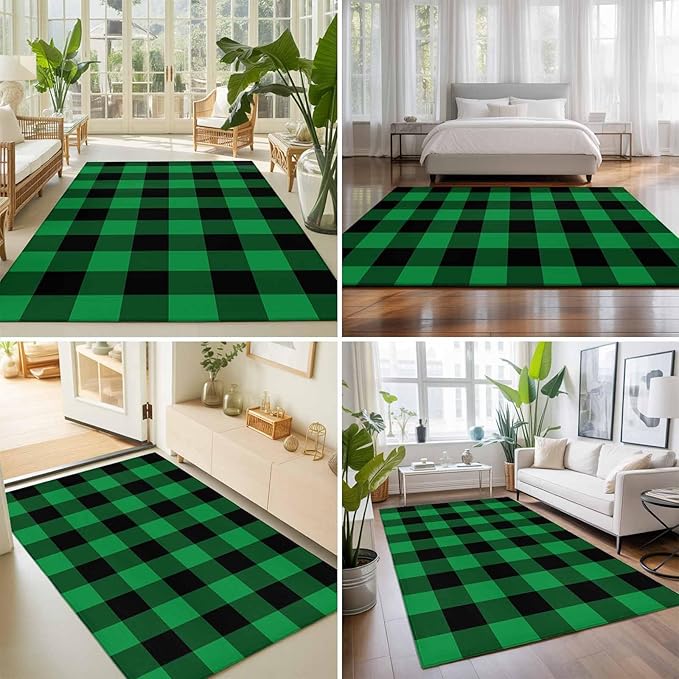 Area Rug 3x5ft, St. Patrick's Day Lucky Green Black Plaid Washable Rugs for Living Room Bedroom, Buffalo Lattice Soft Non-Slip Area Rugs Rectangle Floor Carpet for Dining Room