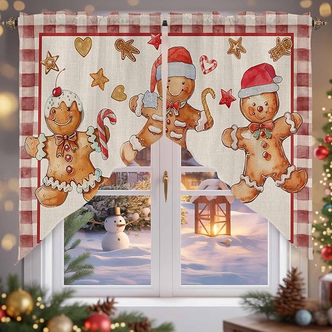 Christmas Swag Valance Curains Watercolor Ginger Bread Man Linen Texture Rod Pocket Kitchen Curtains Scalloped Window Treatment Valances Swag for Living Room Bedroom, 1 Pair, 36"W x 45"L