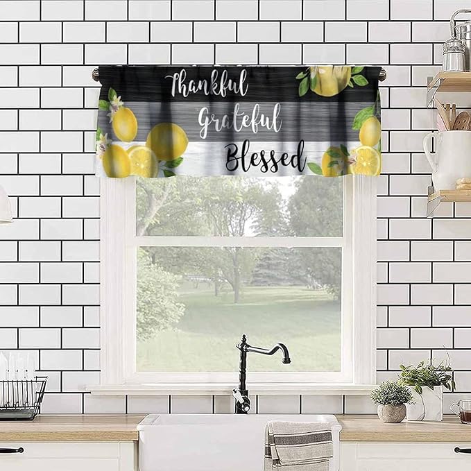 Lemon Fruit Kitchen Curtain Valance, Yellow Fruits Blessed Black Grey Wooden Farmhouse Rod Pocket Short Window Treatment for Dining Bedroom Living Room Cafe Home Decor, 54x18Inch