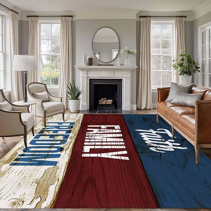 Area Rug 8x10ft, Independence Day USA Flag Washable Rugs for Living Room Bedroom, Vintage Wooden Grain Soft Non-Slip Area Rugs Rectangle Floor Carpet for Dining Room