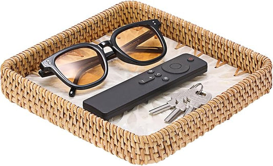 Handwoven Rattan Key Bowl Natural Wicker Serving Tray with Mother-of-Pearl Inlay Decorative Square Serving Tray, White