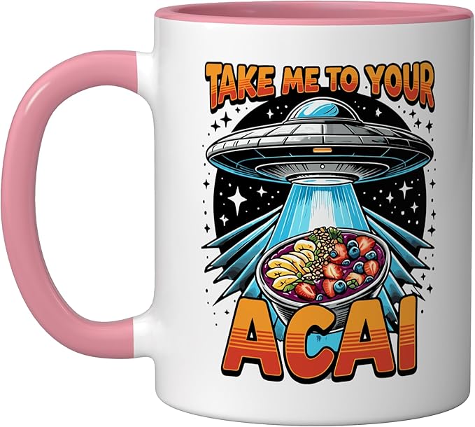 Take Me to Your Acai UFO Abduction Berry Fruit Funny Acai Ceramic Mug, Pink/White