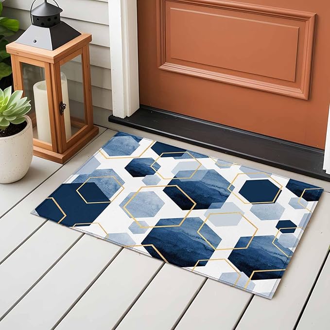 Area Rug 2x3ft, Watercolor Blue Hexagon Washable Rugs for Living Room Bedroom, Abstract Geometric Art Soft Non-Slip Area Rugs Rectangle Floor Carpet for Dining Room