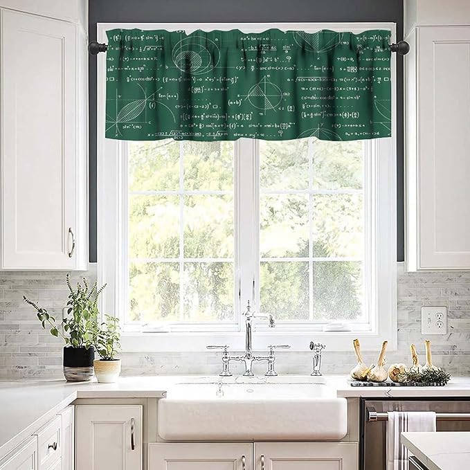 Math Valance Curtain, Mathematics Formula Chart Chalkboard Short Window Treatment for Kitchen Bedroom Study Room Classroom, 54x18Inch