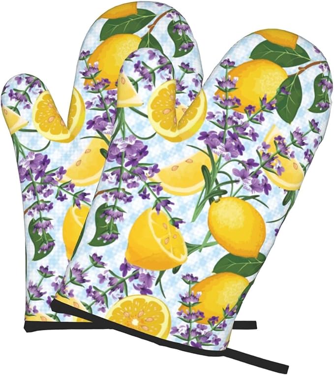Lemon Lavender Oven Mitts of 2-Pack Set, Funny Kitchen Gloves Heat Resistant Non-Slip Kitchen Mitts Safe Cooking Baking Grilling