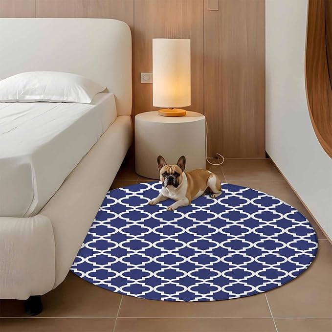 Washable Round Area Rug Navy Blue Moroccan Plaid Circle Rugs Floor Carpet for Living Room Bedroom, White Line Buffalo Lattice Soft Non Slip Round Rug 3ft