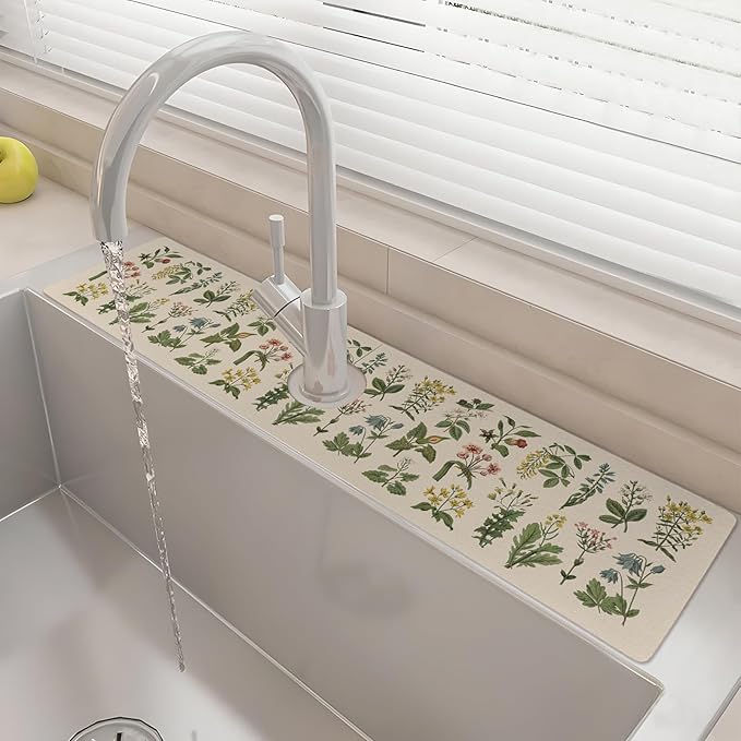 24" X 5.5" Kitchen Sink Splash Guard Faucet Mat Floral Super Absorbent Fast Drying Faucet Guard & Draining Mat Sink Splash Guard Behind Faucet for Kitchen, Bathroom