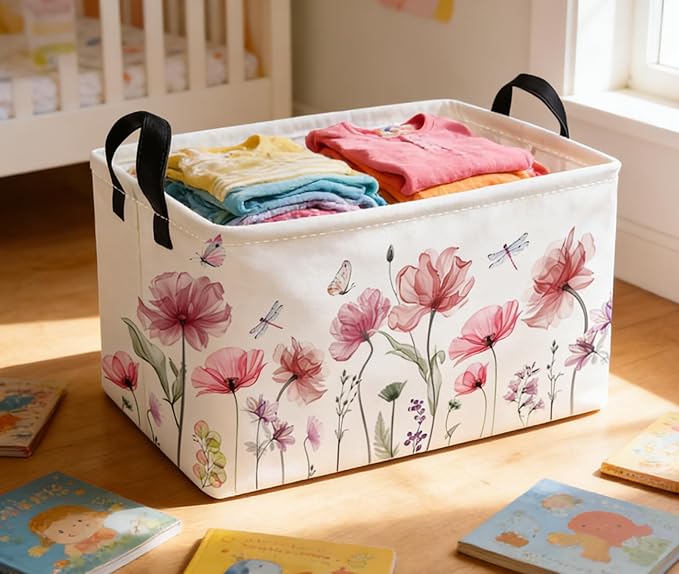 Essme Rectangular Flower Basket,Girls Baskets Empty with Handles,Cute Baskets for Kids Room Decor,Boys and Girls, Gift Basket,(Flowers)