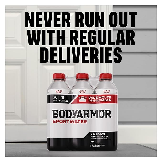 BODYARMOR SportWater Alkaline Water, High Alkaline Bottled Water, pH 9+, 1 Liter (12 Pack), Refreshing Electrolyte Water Pack, Wide Mouth Bottle
