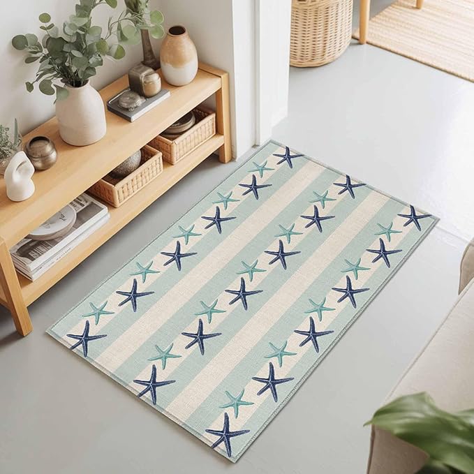 Area Rug 2x3ft, Summer Ocean Blue Teal Starfish Washable Rugs for Living Room Bedroom, Sea Star on Farmhouse Linen Soft Non-Slip Area Rugs Rectangle Floor Carpet for Dining Room