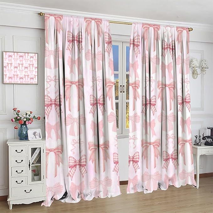 Bowknot Blackout Curtain,Kids Girls Cute Pink Bow Ties Print Window Treatment Curtains Dining Room Living Room Kitchen Cafe Bedroom Office Nursery Drapes,84x84 in