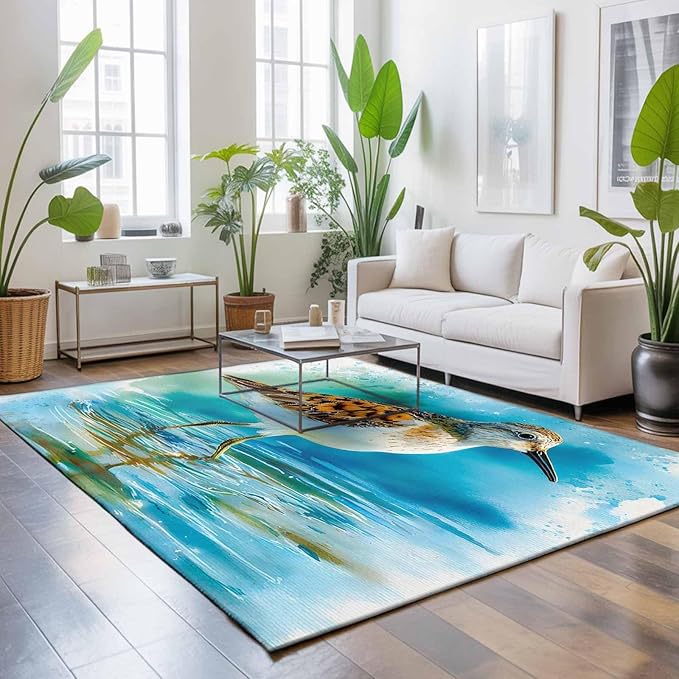 Area Rug 9x12ft, Natural Lake Bird Water Reflection Washable Rugs for Living Room Bedroom Rectangle Floor Carpet, Animal Splatter Art Soft Non-Slip Area Rugs for Dining Room