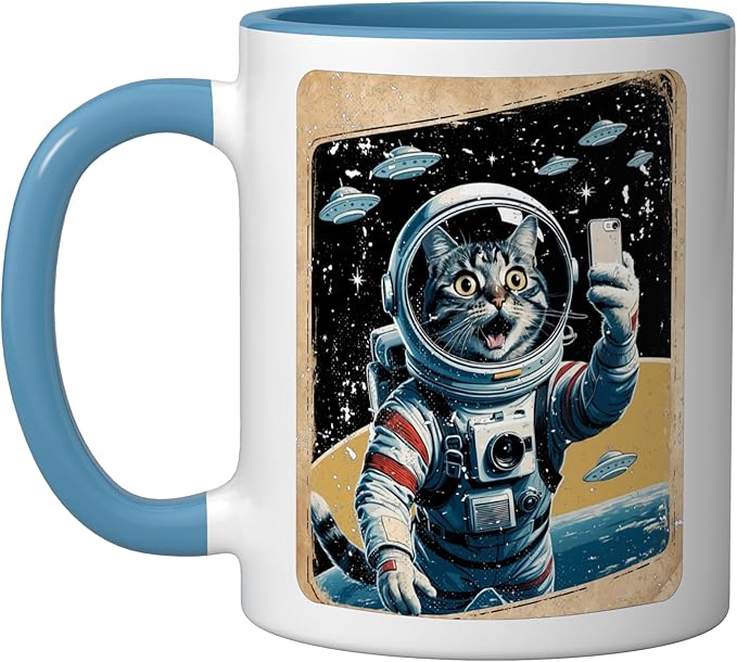 Space Cat Astronaut UFO Funny Sci-fi Alien Selfie Ceramic Mug, Blue/White
