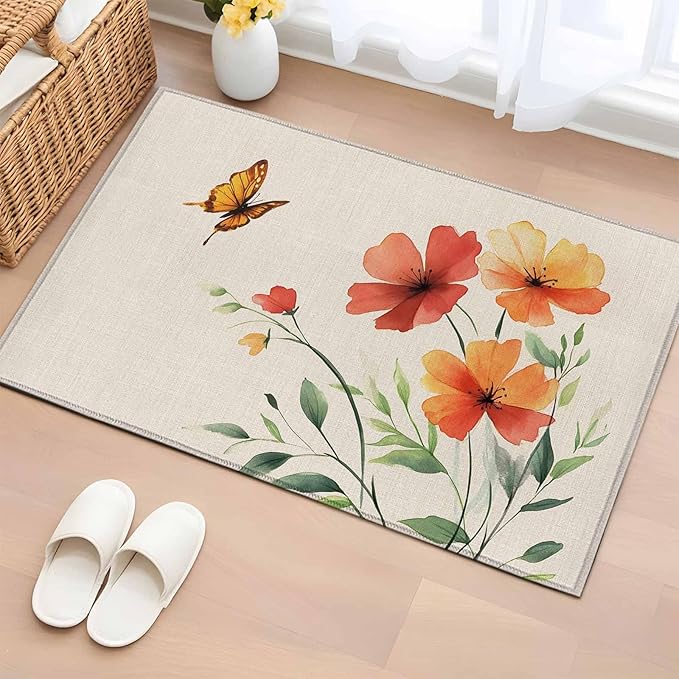 Area Rug 2x3ft, Summer Watercolor Flower Butterfly Washable Rugs for Living Room Bedroom, Green Leaves Retro Linen Soft Non-Slip Area Rugs Rectangle Floor Carpet for Dining Room