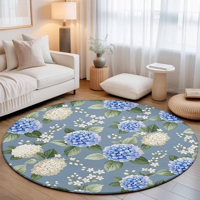 Washable Round Area Rug Watercolor Purple White Hydrangea Circle Rugs Floor Carpet for Living Room Bedroom, Spring Flower on Gray Blue Soft Non Slip Round Rug 3ft
